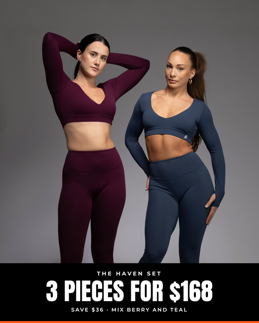Two women in HAVEN leggings and long-sleeve crops in Berry and Teal. Text: The HAVEN Set, 3 pieces for $168, save $36, mix Berry and Teal.