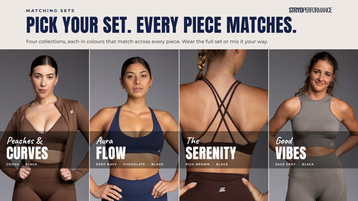 Pick your set. Every piece matches. Four matching collections: Peaches & Curves in cocoa, Aura Flow in deep navy, The Serenity in rich brown and Good Vibes in sage grey.