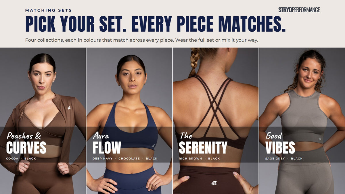 Pick your set. Every piece matches. Four matching collections: Peaches & Curves in cocoa, Aura Flow in deep navy, The Serenity in rich brown and Good Vibes in sage grey.
